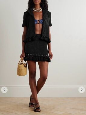 CAP D’ANTIBES Tasseled eyelet-embellished cotton-terry mini skirt size XS